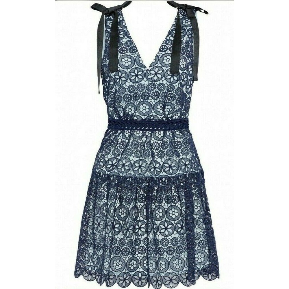 Self-Portrait Dress Bow Detailed Tiered Guipure Lace Size 8 Navy Blue NEW